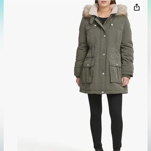 DKNY Petite Faux-Fur-Trimmed Hooded Anorak Coat - Large